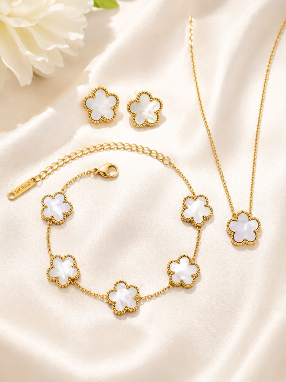 18k Gold White Clover Jewelry Set Necklace Bracelet Earrings Van Cleef Style
